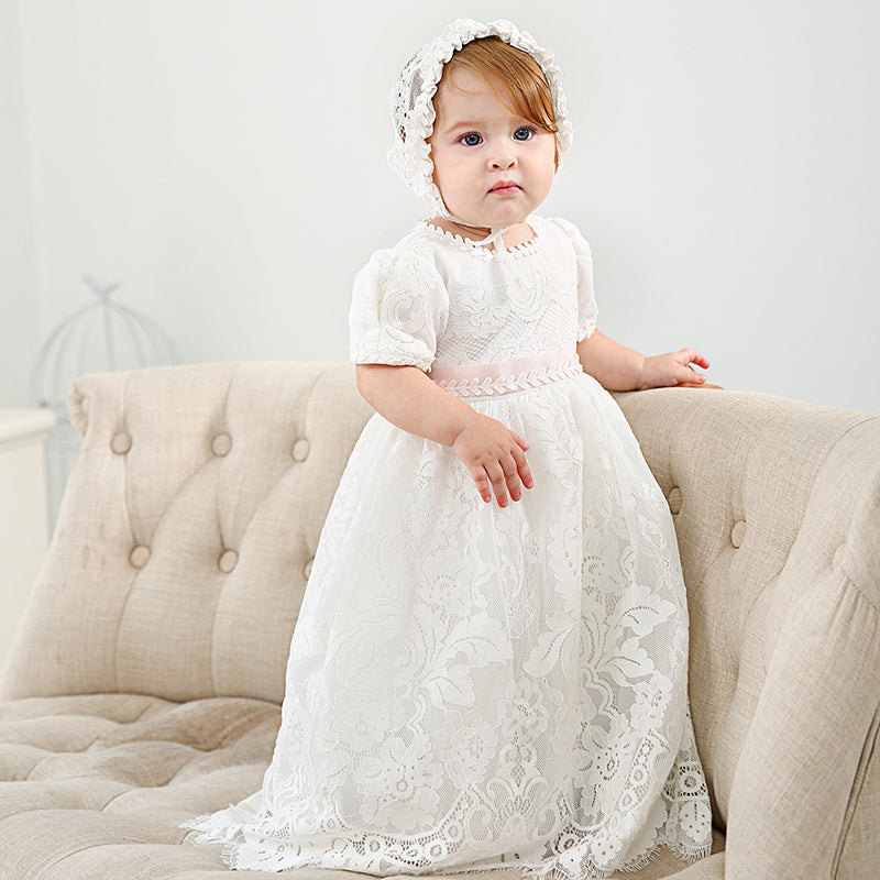 houseofclaire.com Cinderella - White Pink lace long Baptism gown with Bonnet