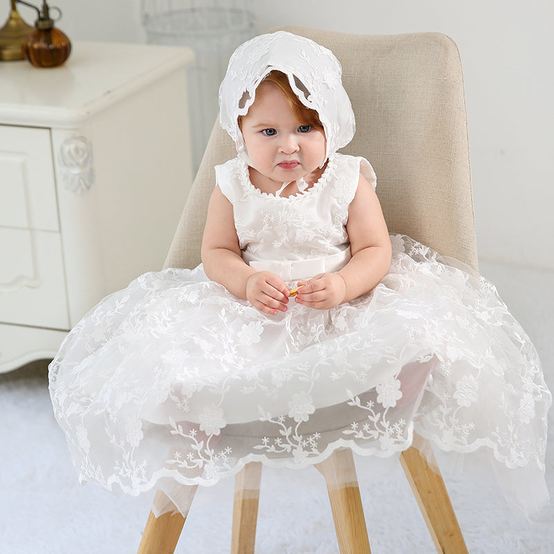 houseofclaire.com Snow White - Classy Floral white Baptism gown with Lace Bonnet Best baptism dress for baby girls in India