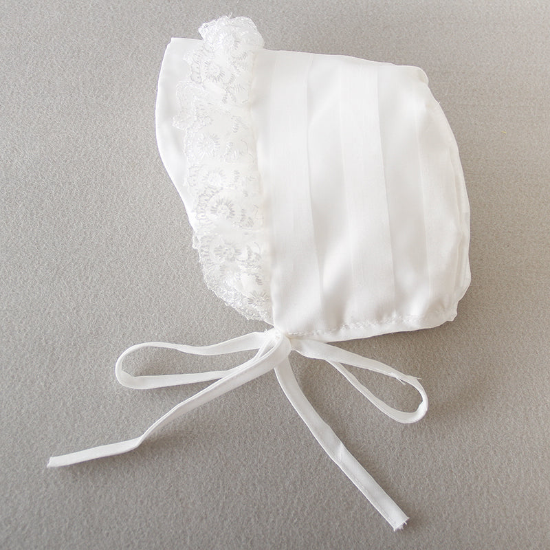 houseofclaire.com Princess lace stripped long Baptism gown with Bonnet