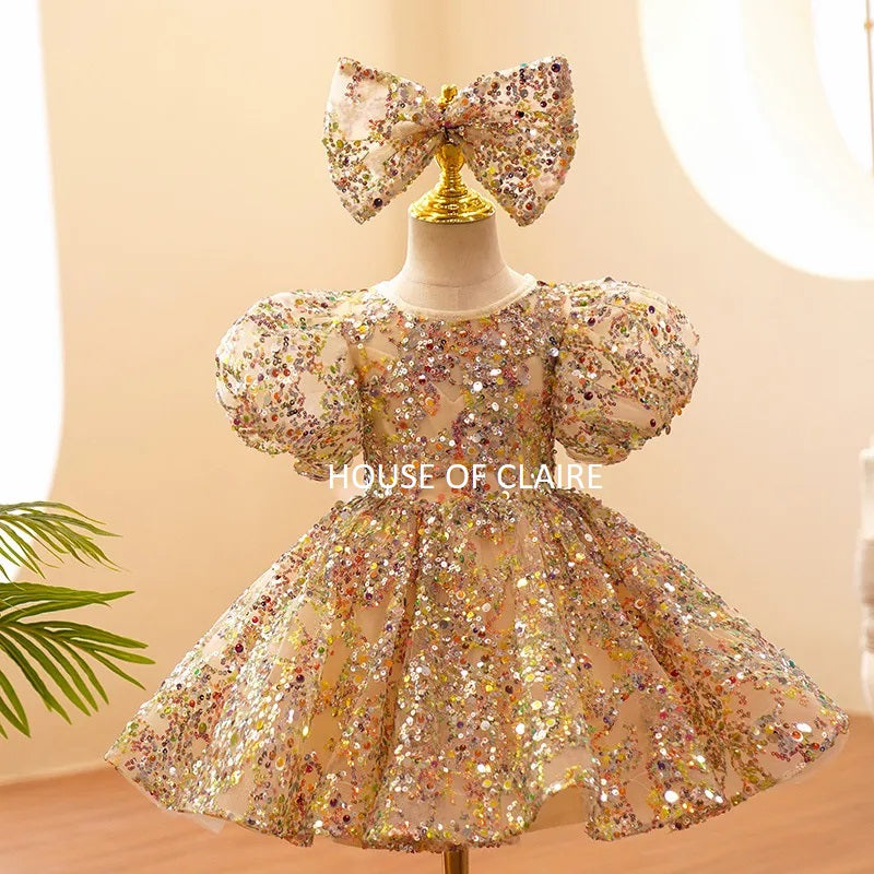 Luxury Twinkle Gold Lantern Sleeve Ball Gown Party Wear Dress for Girls