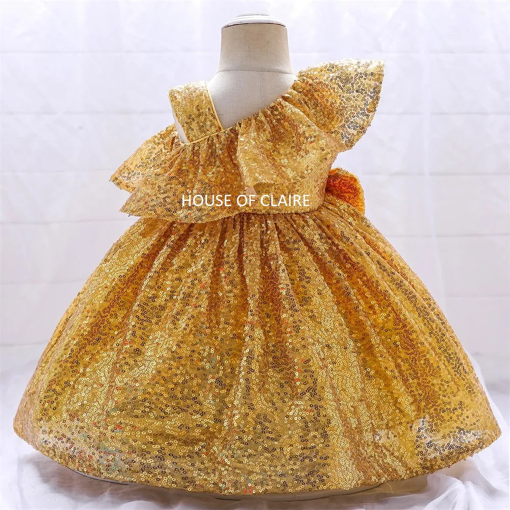 Luxury Ruffle Gold Sequin Party Gown Evening Dress
