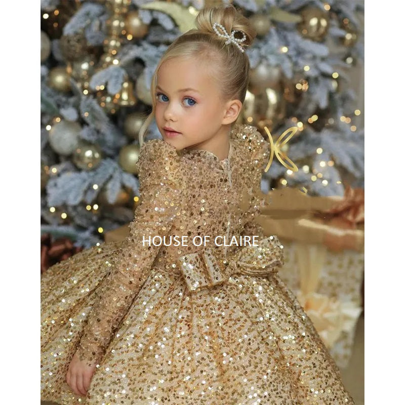 Long Sleeves Christmas Flower Girl Dress Floor Length Button Draped Tu –  Avadress