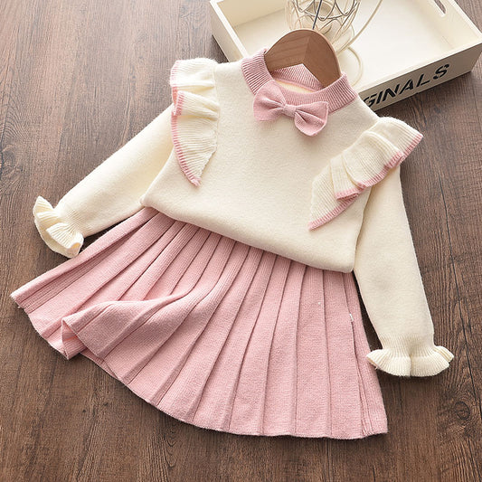 houseofclaire.com Pastel Pink Knit girls Creme Sweater & Skirt