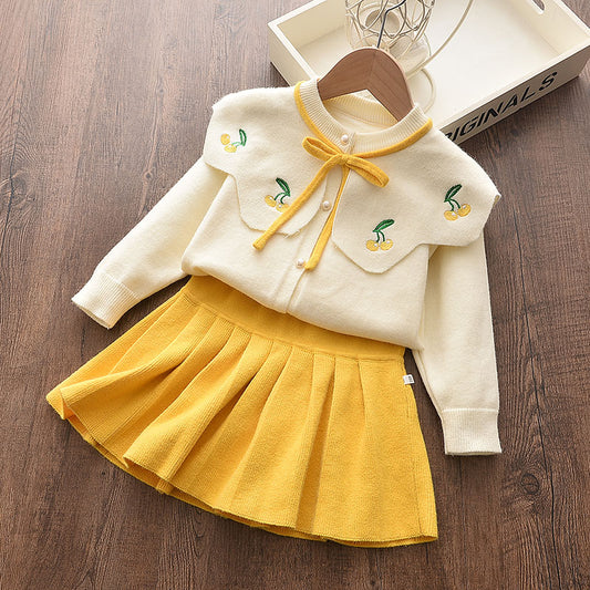 houseofclaire.com Yellow mango Crème Knit top with Pleated skirt set