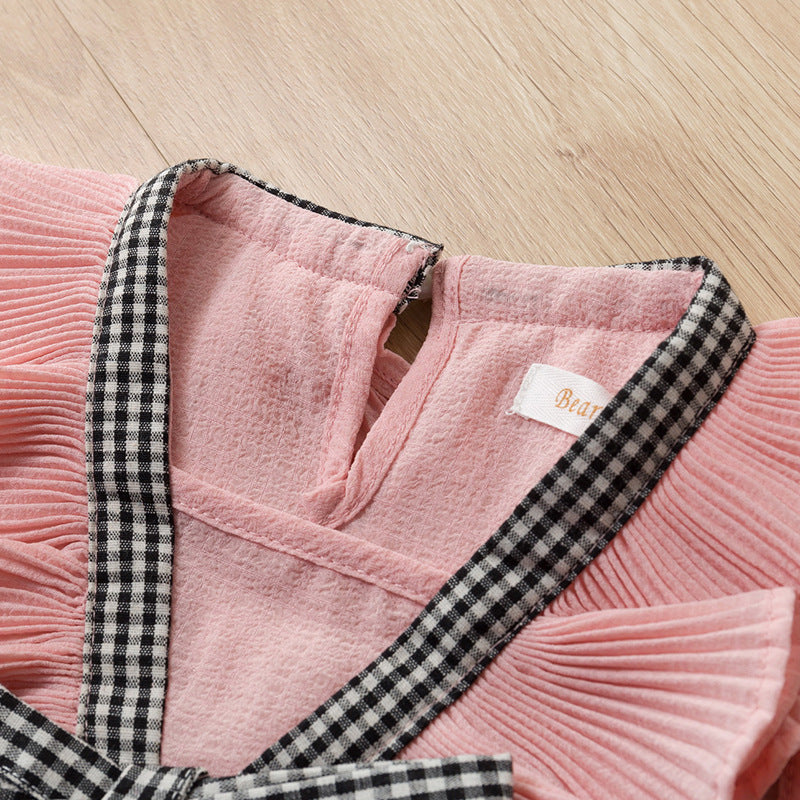 houseofclaire.com Powder Pink Plaid Bowknot Top with Black cheques Girls shorts Summer Set