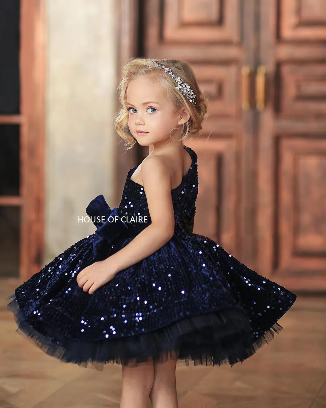 Luxury Navy Blue Glitter Off-Shoulder Evening Girls Party Ball Gown HOUSE OF CLAIRE Luxury Navy Blue Glitter Off-Shoulder Evening Girls Party Ball Gown HOUSE OF CLAIRE