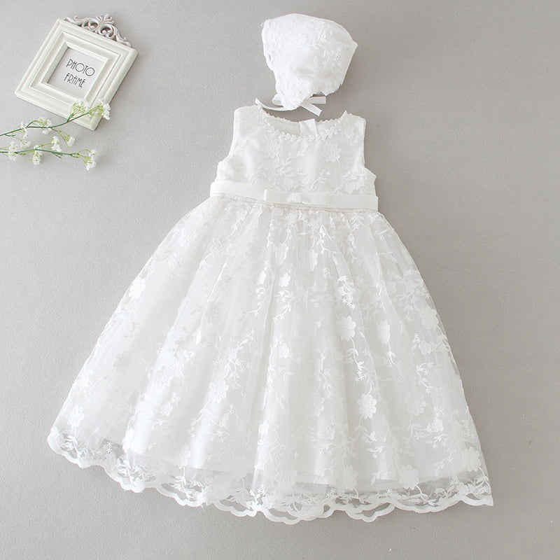 houseofclaire.com Snow White - Best selling Baptism dress online in India, Classy Floral white Baptism gown with Lace Bonnet 