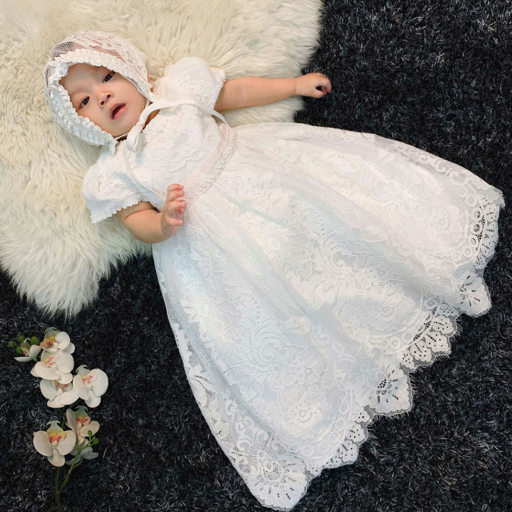 houseofclaire.com Cinderella - White Pink lace long Baptism gown with Bonnet India