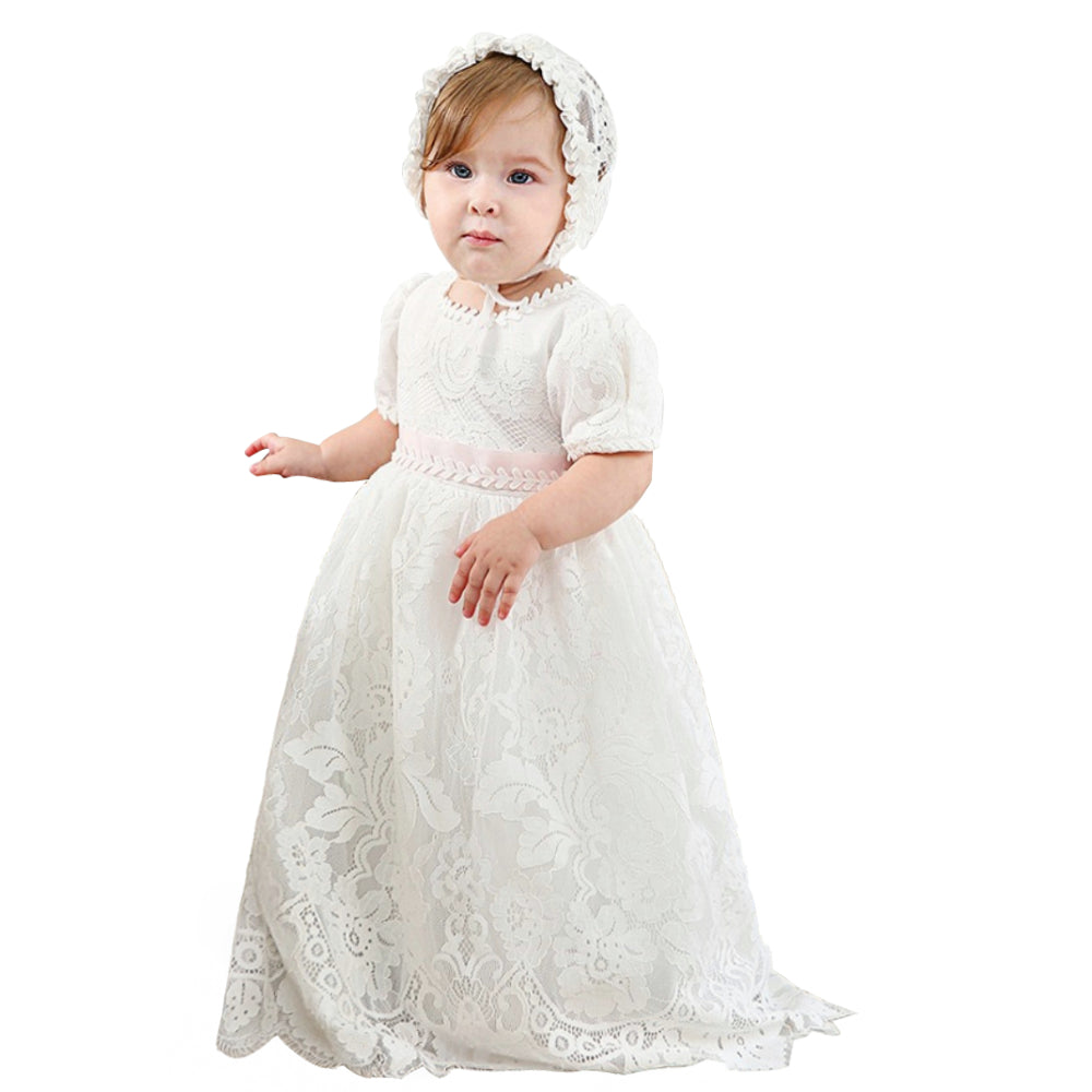 houseofclaire.com Cinderella - White Pink lace long Baptism gown with Bonnet