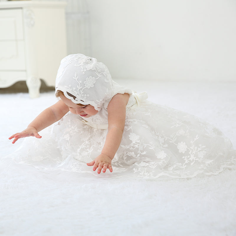 houseofclaire.com Snow White - Classy Floral white Baptism gown with Lace Bonnet